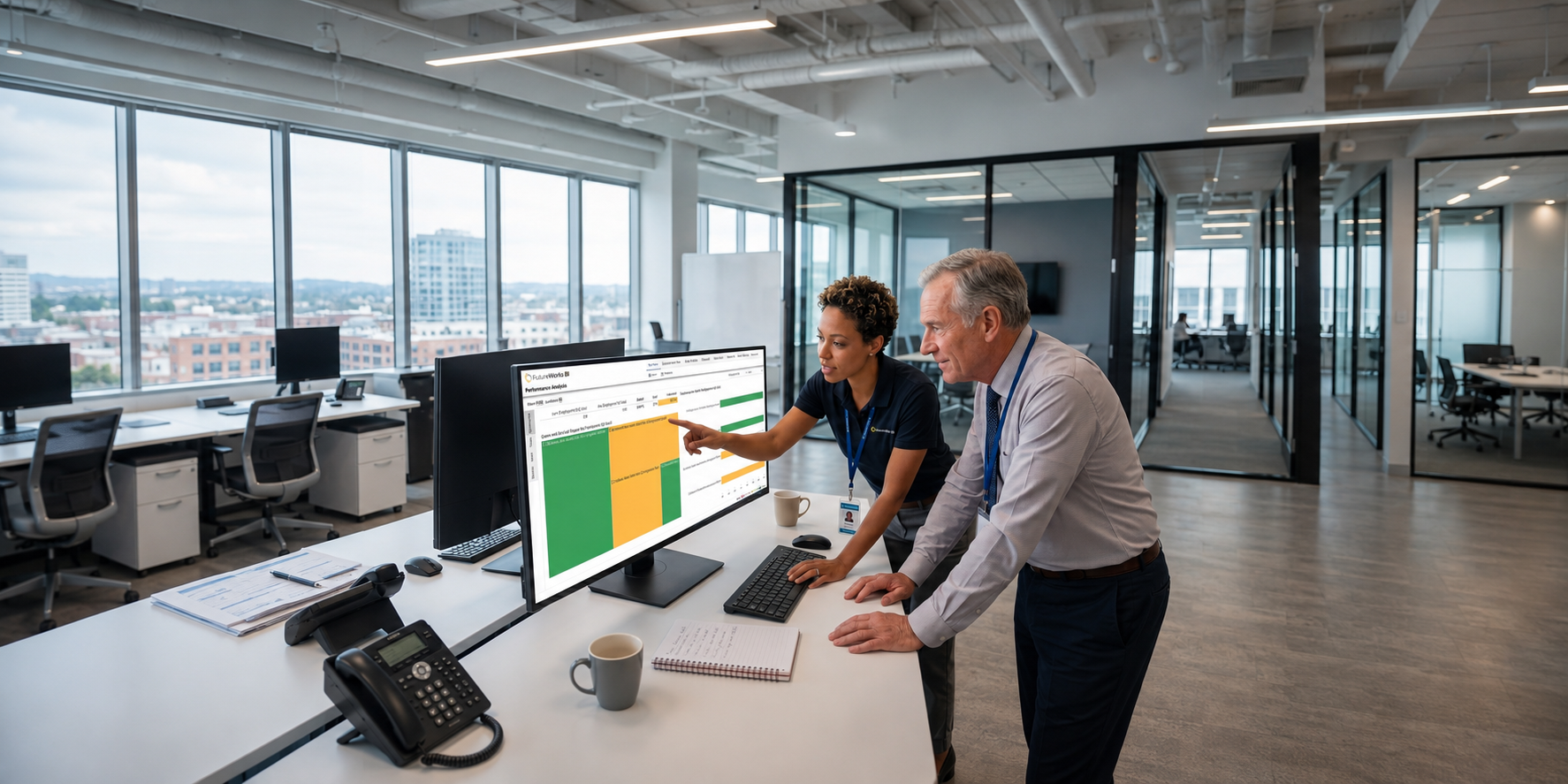 An analyst points out a result on a FutureWorks BI Performance Analysis dashboard while a workforce board director looks on.