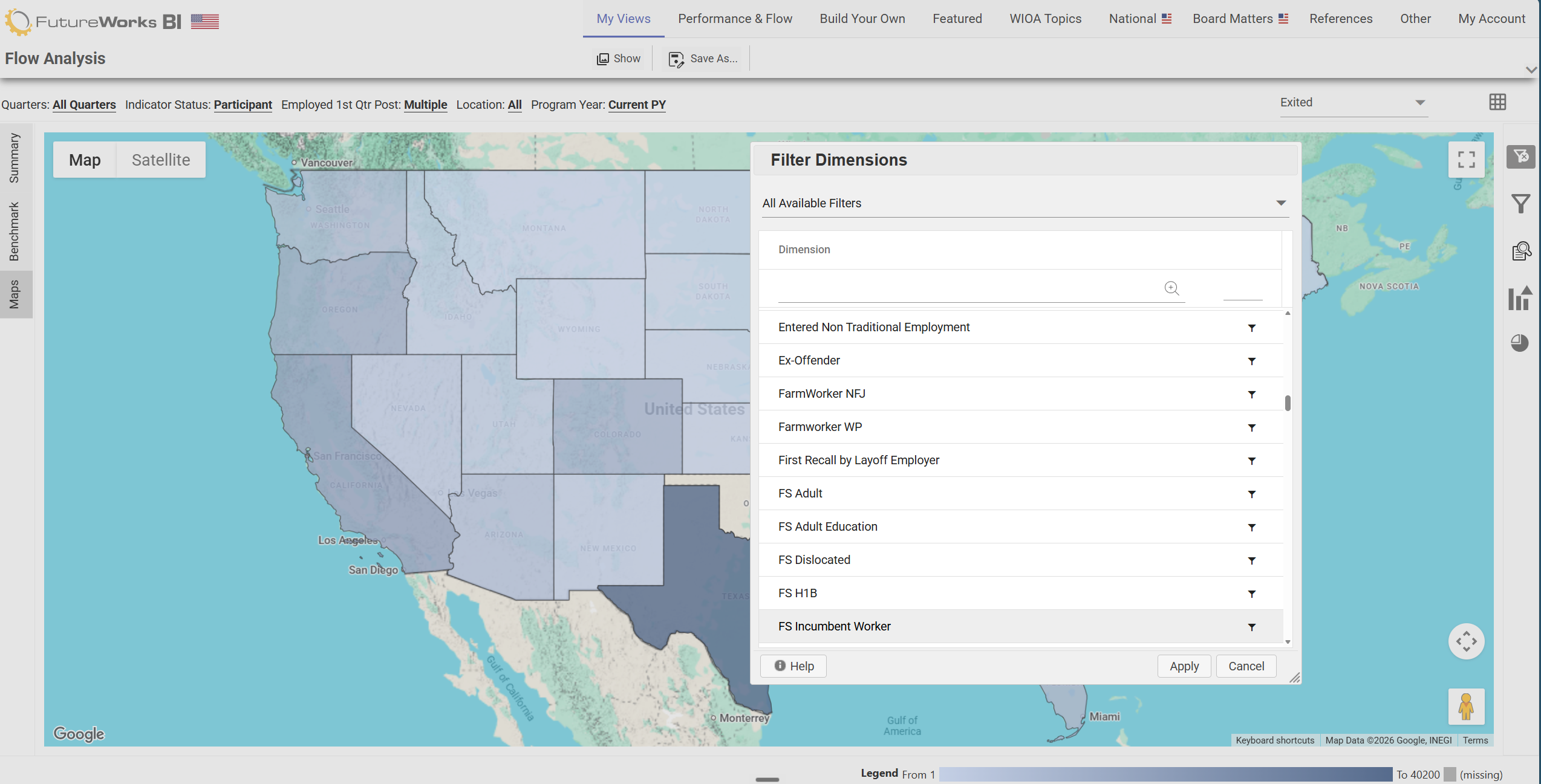 The FutureWorks BI National flow-analysis map: a US choropleth shading states by participant outcomes, with a filter-dimensions panel open.