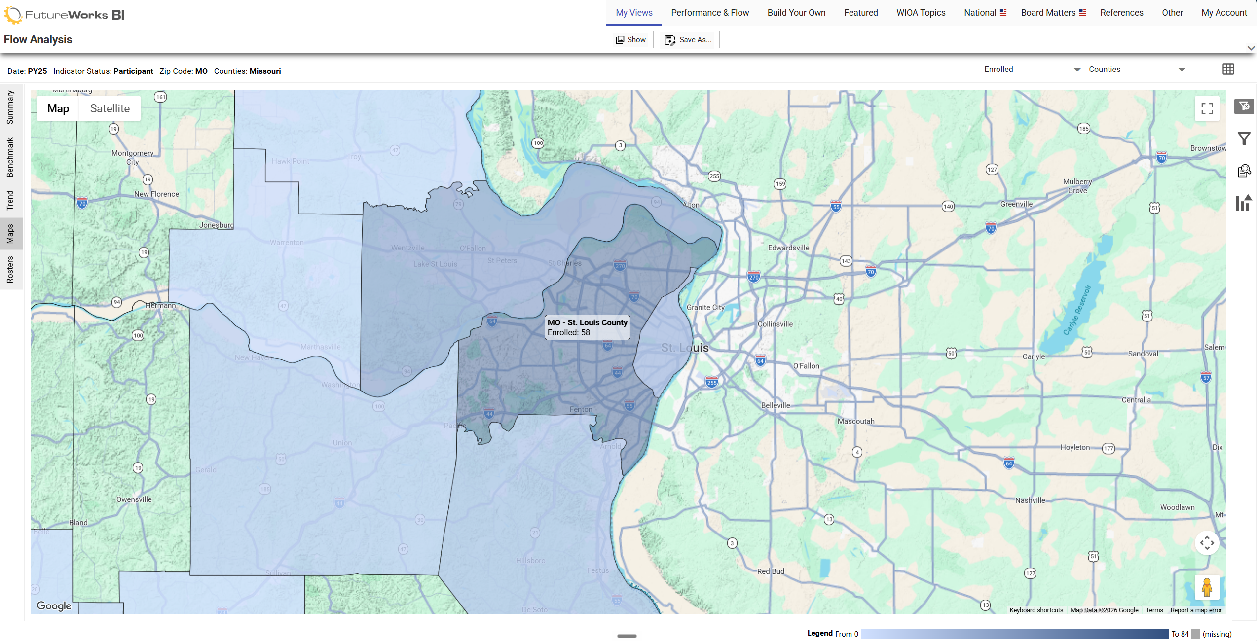 A FutureWorks BI view drilling from region to board to center to provider, with no personally identifiable information shown.