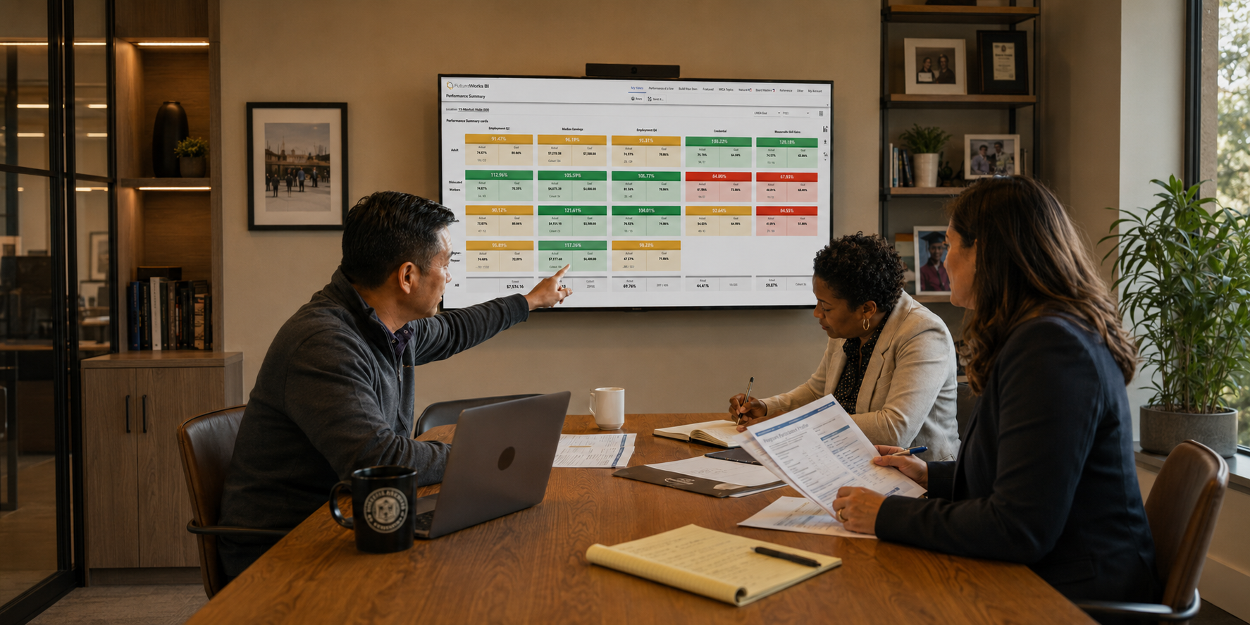 A presenter points to a wall screen showing a FutureWorks BI Performance Summary dashboard, with WIOA outcome metrics for adult, dislocated worker, youth, and Wagner-Peyser participants color-coded against their goals.